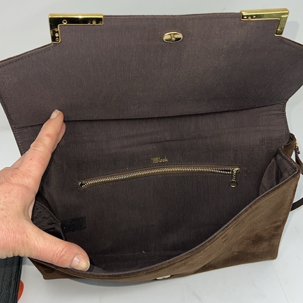 Block Brown Suede Envelope Snap Closure Shoulder Clutch Bag - Picture 7 of 12